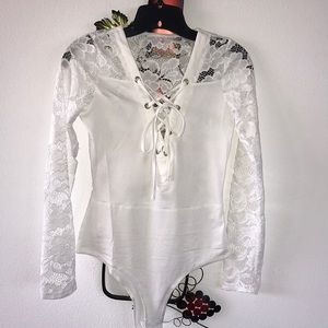 White Tie Front Bodysuit w Lace Sleeves